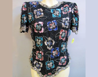 Camisa floral SEQUINS SILK, Vintage 1980's Beaded Top, talla Small