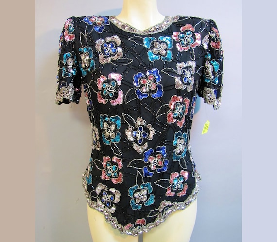 Floral SEQUINS SILK Shirt, Vintage 1980's Beaded Top, size Small