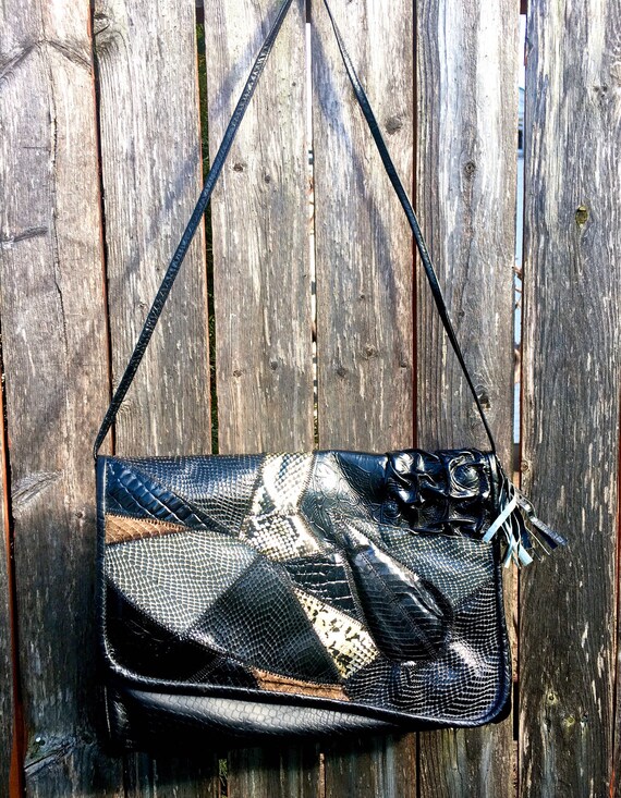 Vintage 1980's CROSSBODY Purse, Black SNAKESKIN a… - image 4