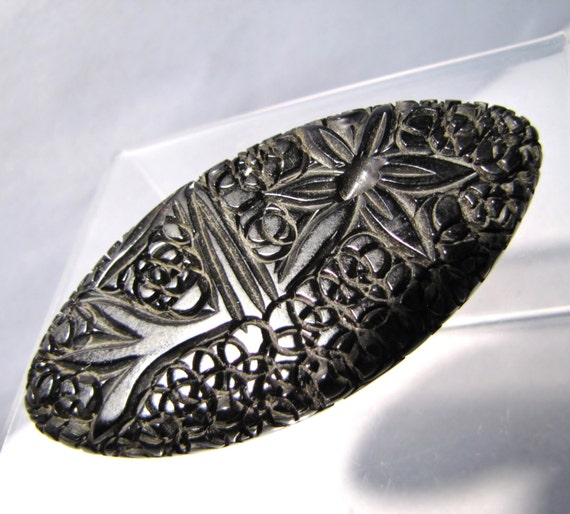 Black Deeply Carved Genuine BAKELITE Brooch, Vint… - image 1