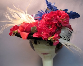 Worn on BOARDWALK Empire, Vintage Victorian, EDWARDIAN Wire Frame FEATHER & Plaid Ribbon Wide Brim Ladies Hat
