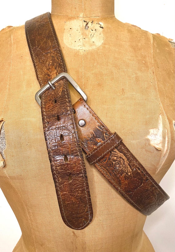 Beautifully Distressed Vintage Tooled LEATHER Belt