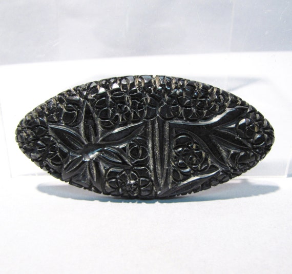 Black Deeply Carved Genuine BAKELITE Brooch, Vint… - image 5