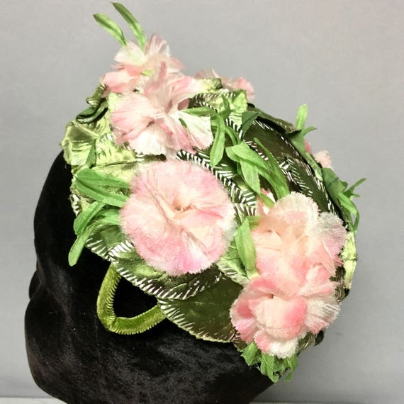 1950's Pink & Green FLORAL Hat, w Hand PAINTED Le… - image 4