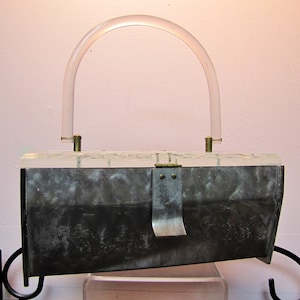 SIGNED Grey LUCITE Box Bag, Vintage 1950&#39;s Art Deco, Reverse Carved LUCITE Purse / Roban Feiner, Book Piece