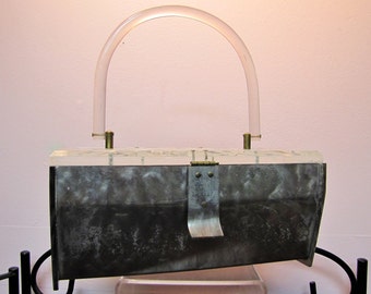 SIGNED Grey LUCITE Box Bag, Vintage 1950's Art Deco, Reverse Carved LUCITE Purse / Roban Feiner, Book Piece