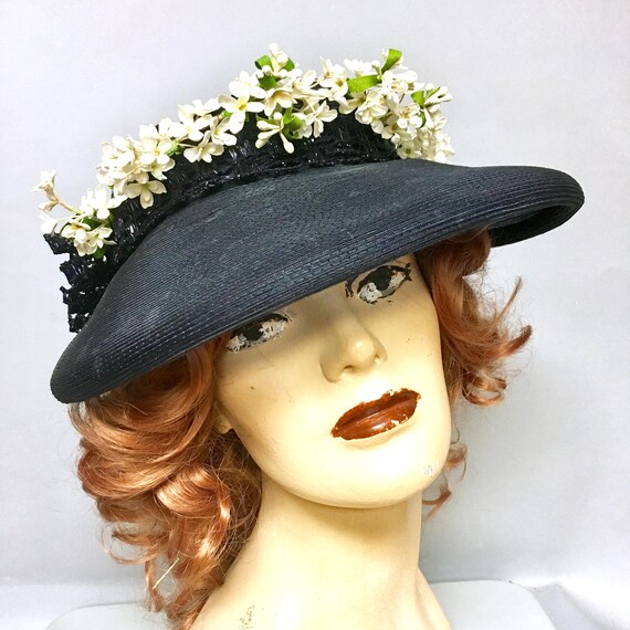 1940's Navy Blue Straw WIDE BRIM Hat, Floral Trim
