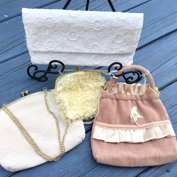 4 Vintage Summer Purse Lot / 60s Yellow Beaded Bag, White Clutch + more