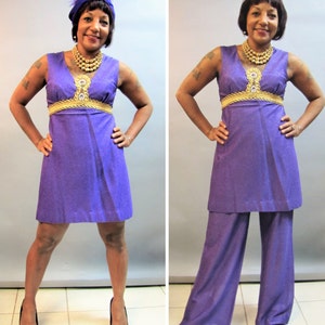 PURPLE 1960&#39;s, 1970&#39;s 2 Piece PANTSUIT / Cute MINI Dress with Bell Bottom Pants / size Small - Medium