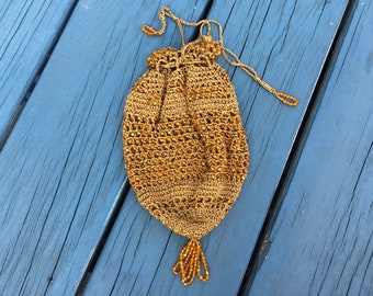 1920's Crochet and Beaded Bag, Antique RETICULE Pouch Purse