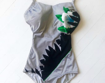1980's Polka Dot Floral One Piece Swimsuit UK