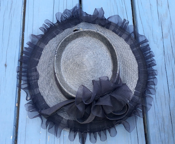 1940's Navy Straw Wide Brim CARTWHEEL Hat w Ruffle