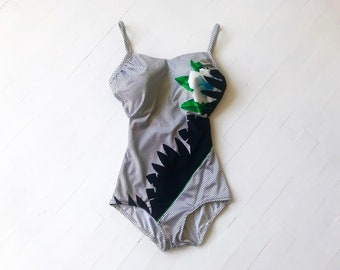 1980's Polka Dot Floral One Piece Swimsuit
