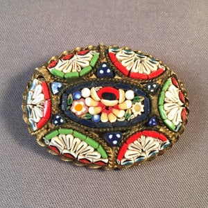 Floral Vintage 1940&#39;s ITALIAN Micro MOSAIC Pin, w Flowers Brooch in Brass