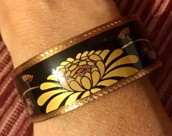 Bracelet 1980 vintage cuivre et émail, bracelet de manchette en incrustation d’argent