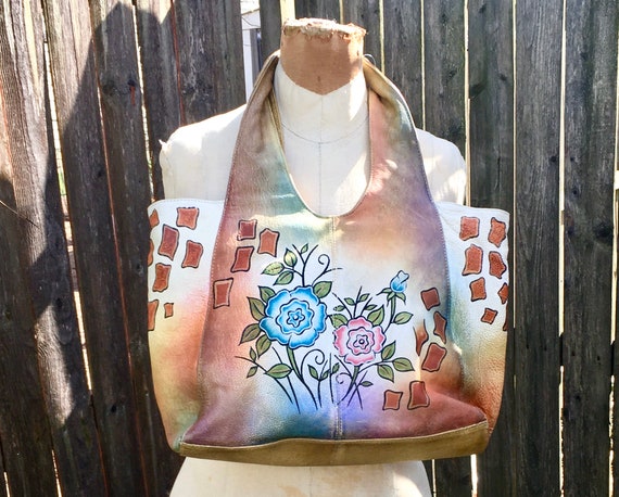 Vintage 70s/80s Hand PAINTED FLOWERS Bolso Monedero hippie DE - España