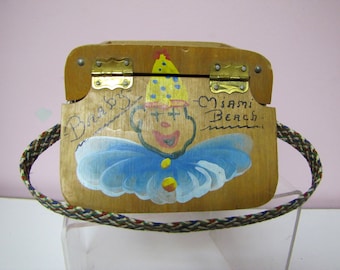 So Cute! Hand PAINTED Wooden CHILDS Box Bag, Vintage 40's 50's Clown Purse, Miami Beach Souvenir Handbag Purse
