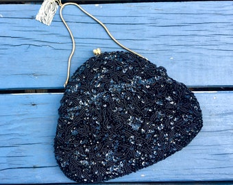 50s Black HAND Beaded Purse, Gorgeous Black Beaded Evening Bag