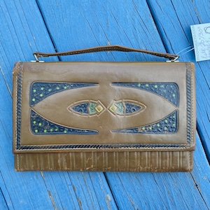 Antique 1920&#39;s Hand TOOLED & Painted Art Deco LEATHER Hand Bag Purse