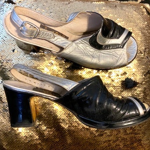 1970er Jahre Silber & Schwarz ECHTES Patent LEDER Plateau Schuhe, Größe 40/ 9,5