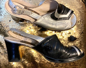 1970's Silver & Black GENUINE Patent LEATHER Platform Shoes, Size 40/ 9.5