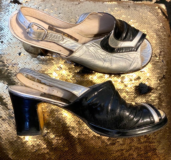 1970's Silver & Black GENUINE Patent LEATHER Platform Shoes, Size 40/ 9.5