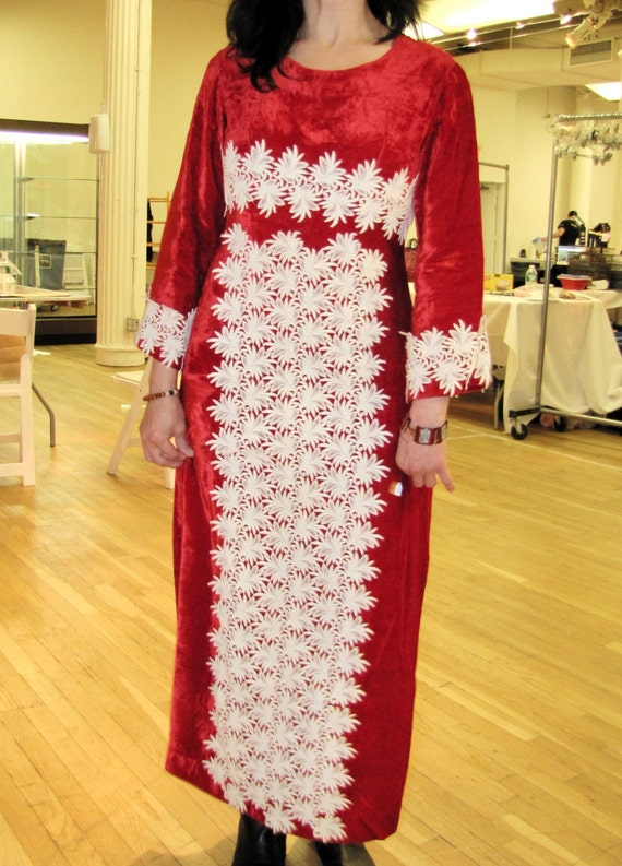 Vintage 1960's Red Velvet Empire Waist Dress, Whi… - image 3