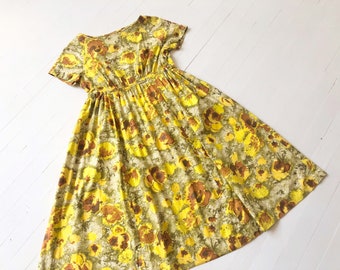 Vintage amarillo algodón floral impresión vestido