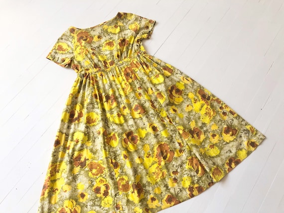 Vintage Yellow Cotton Floral Print Dress - image 1