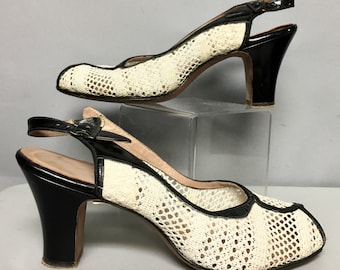 1950's Troylings MESH Heels, PeeP TOE Ankle Strap, SLINGBACK Shoes, size 7