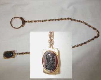 SWANK vintage dos anos 1940, corrente de relógio de bolso gladiador, com CARNELIAN CAMEO, pingente de chaveiro