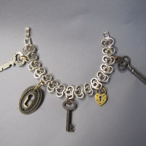 Original One of a Kind STEAMPUNK Charm Bracelet, w Lock and Antique SKELETON Keys, St. John Bracelet