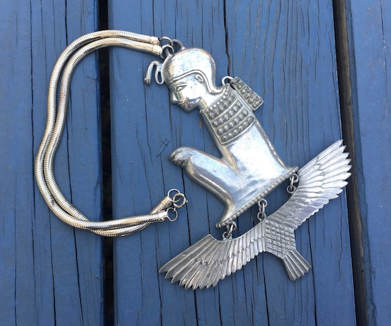 1970s Egyptian Revival Necklace, Silver STATEMENT PIECE Choker