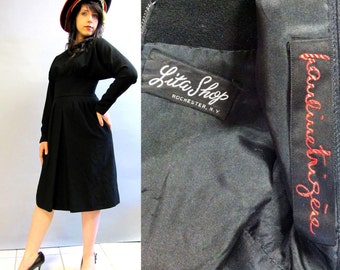 Unique PAULINE TRIGERE Designer, Vintage 1950's Black Wool Crepe, Cocktail or Day Dress, size 4/5