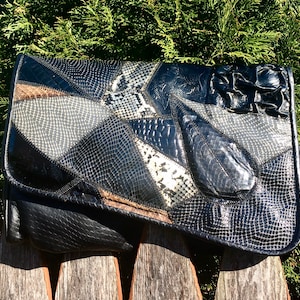 Vintage 1980&#39;s CROSSBODY Purse, Black SNAKESKIN and Leather Patchwork Clutch, BOHO Shoulder Bag