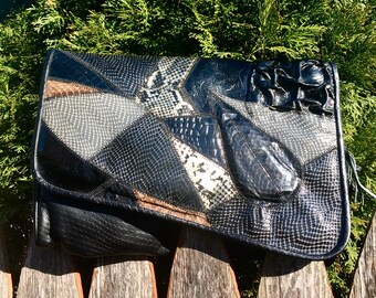 Vintage 1980's CROSSBODY Purse, Black SNAKESKIN and Leather Patchwork Clutch, BOHO Shoulder Bag