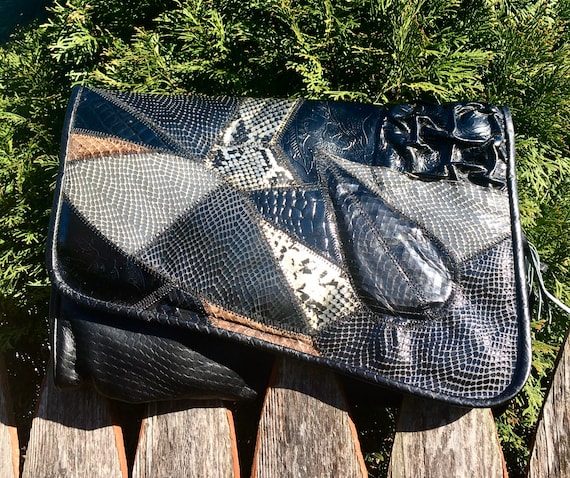 Vintage 1980's CROSSBODY Purse, Black SNAKESKIN a… - image 1