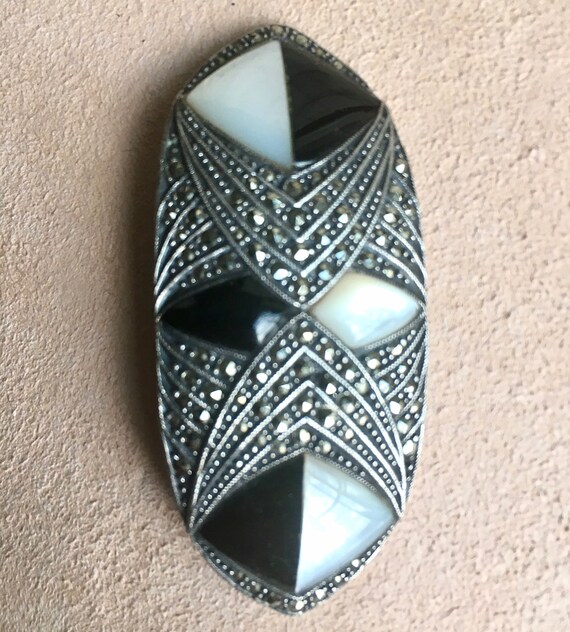 Broche Ancienne Art Déco - Argent Massif Sterling Avec Onyx Et Marcassite - Occasion