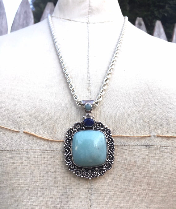 Turquoise 1980's Sterling Silver Necklace with SE… - image 1
