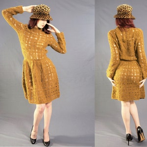 Crochet KNIT MINI Dress, 1960&#39;s Handmade Dress. HIPPY Festival Dress, size Small to Medium