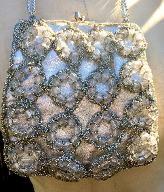 Fun Vintage 1960's Silver BEADED Bag / 70s DISCO … - image 6