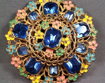 ANTIQUE 1930's Gold Gilt FILIGREE Brooch / Gorgeous Blue RHINESTONES and Enamel Pin