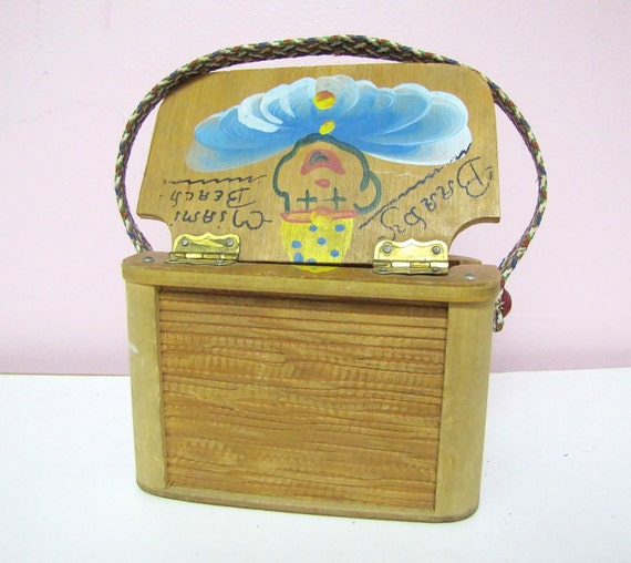 So Cute! Hand PAINTED Wooden CHILDS Box Bag, Vint… - image 4
