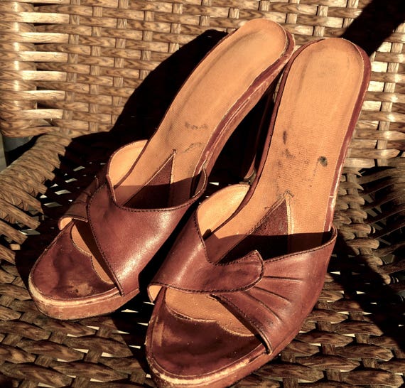 Brown LEATHER 1970s WOODEN Platform Shoes, Vintag… - image 1