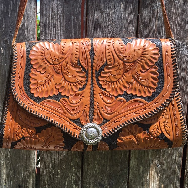 Vintage 1940's Hand Tooled LEATHER Purse with Sterling Silver / ROCKABILLY Cowgirl Crossbody Purse