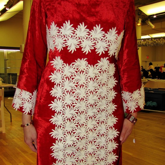 Vintage 1960's Red Velvet Empire Waist Dress, White LACE Trim Vintage 1960's Red Velvet Empire Waist Dress, White LACE Trim