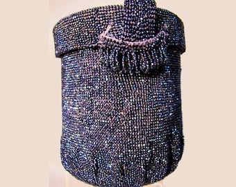 1940's CARNIVAL Glass BEADED Box Bag, Rockabilly 40s Purse