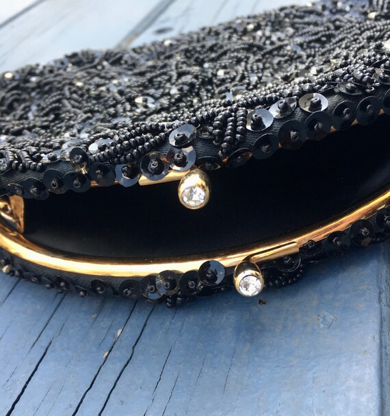 50s Black HAND Beaded Purse, Gorgeous Black Beade… - image 3