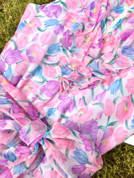 80's Vintage PINK Floral CHIFFON Dress with Ruffl… - image 9