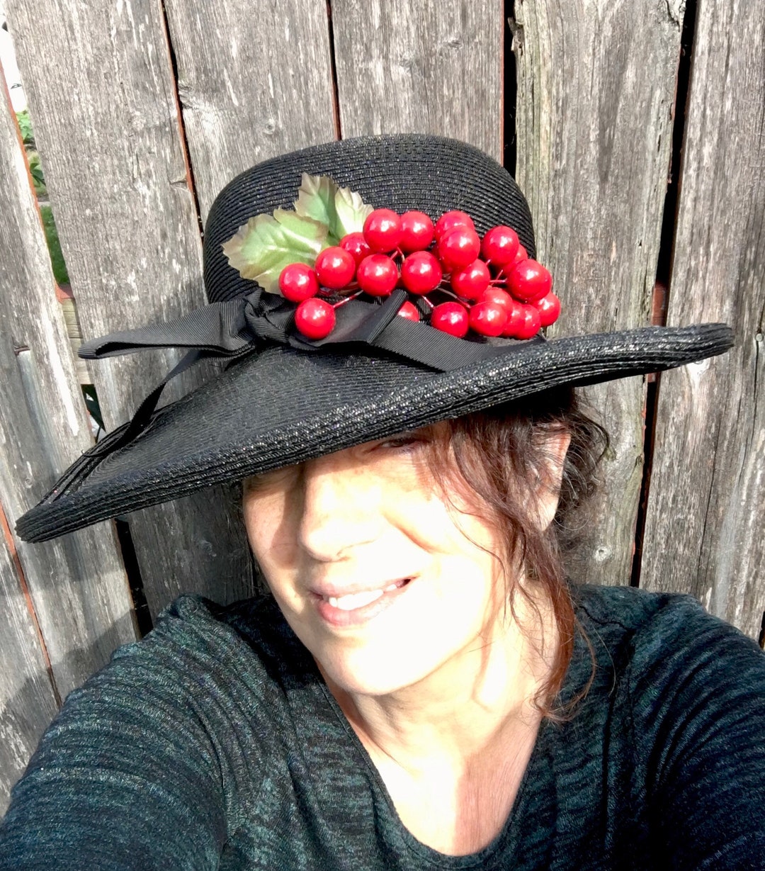 Vintage 1950's ROCKABILLY Black Straw Wide Brim LAMPSHADE